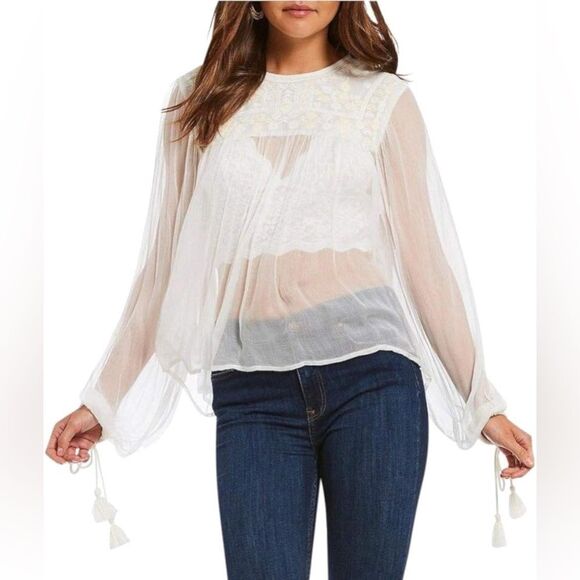 FREE PEOPLE Boho sheer embroidered ivory Blouse Size S - Picture 2 of 7